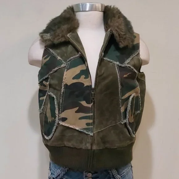 💋BOHO CHIC💋 Stunning Y2K VTG Camo Distressed Genuine Leather Vest - Picture 7 of 16